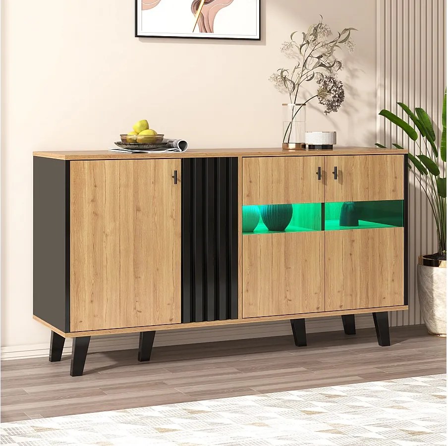 Bufet niski z LED - 3 drzwi i 6 komór - Naturalny i Czarny