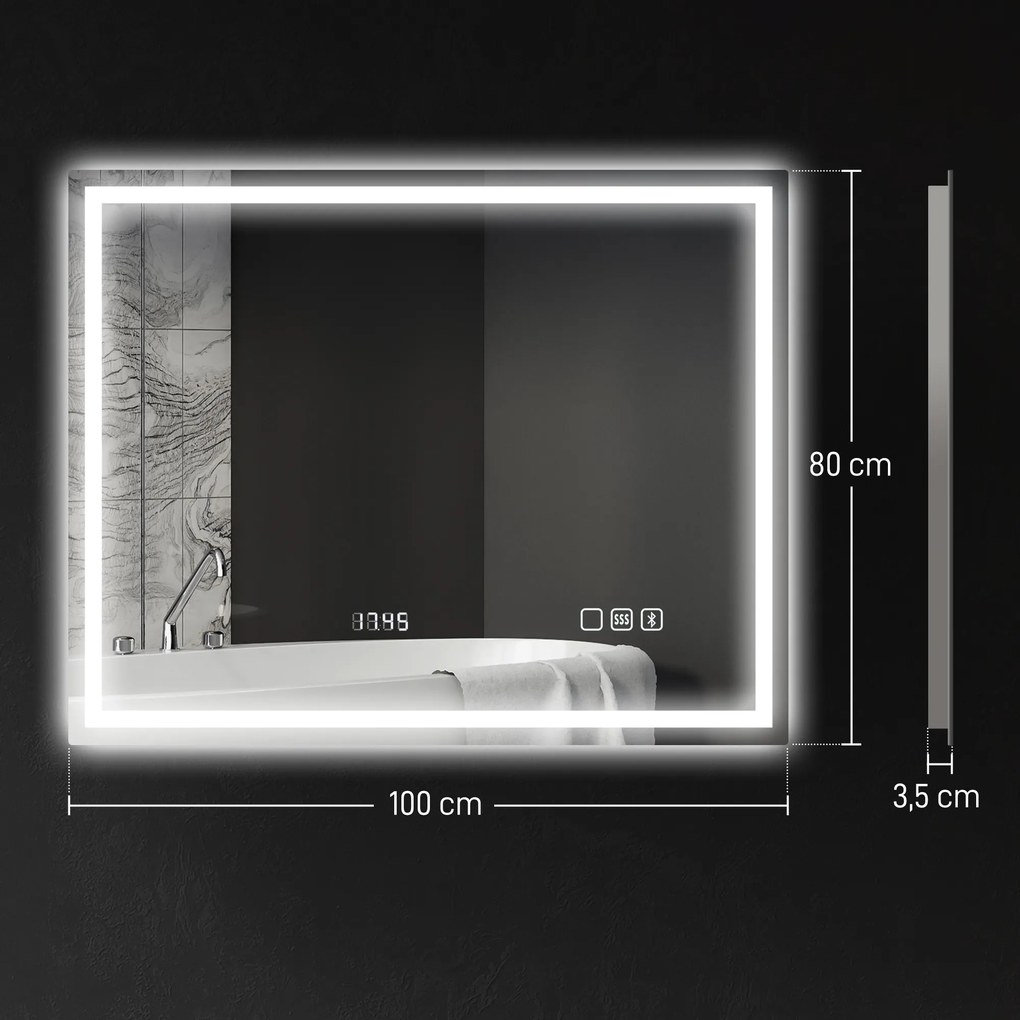 HOMCOM Lustro łazienkowe LED Bluetooth 80 x 100 cm przycisk dotykowy regulowane oświetlenie 3 kolory przeciwmgielne pamięć Srebrny