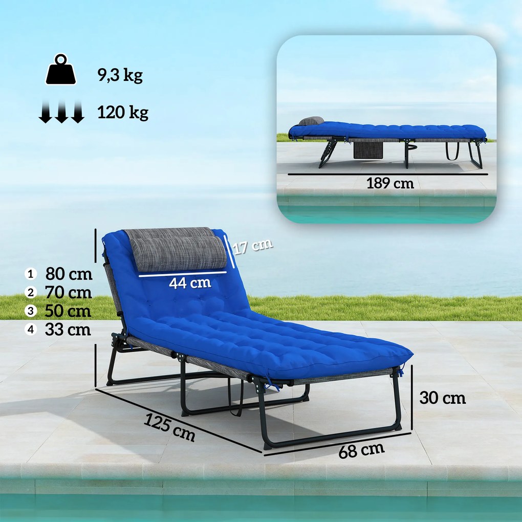 Outsunny Leżanka z 4-stopniową regulacją oparcia, poduszka, kieszeń boczna, zagłówek, 68 x 189 x 30 cm, Niebieski