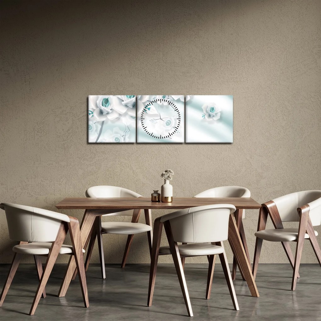 Obraz - Turkusowe kwiaty róży (z zegarem) (90x30 cm)