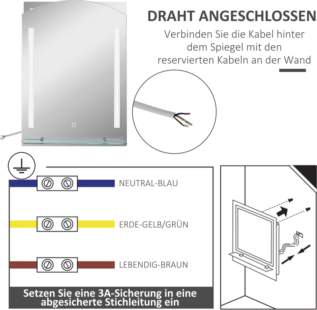 kleankin Lustro łazienkowe z oświetleniem LED, eleganckie i wysokiej jakości, szkło, aluminium, plastik, 50S x 12G x 70W cm
