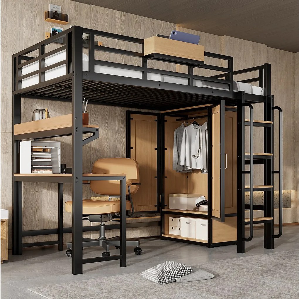 Łóżko piętrowe z żelaza - 90 x 200 cm - z szafą + schodami + biurkiem i półką - żelazo + płyta MDF - czarne + naturalne