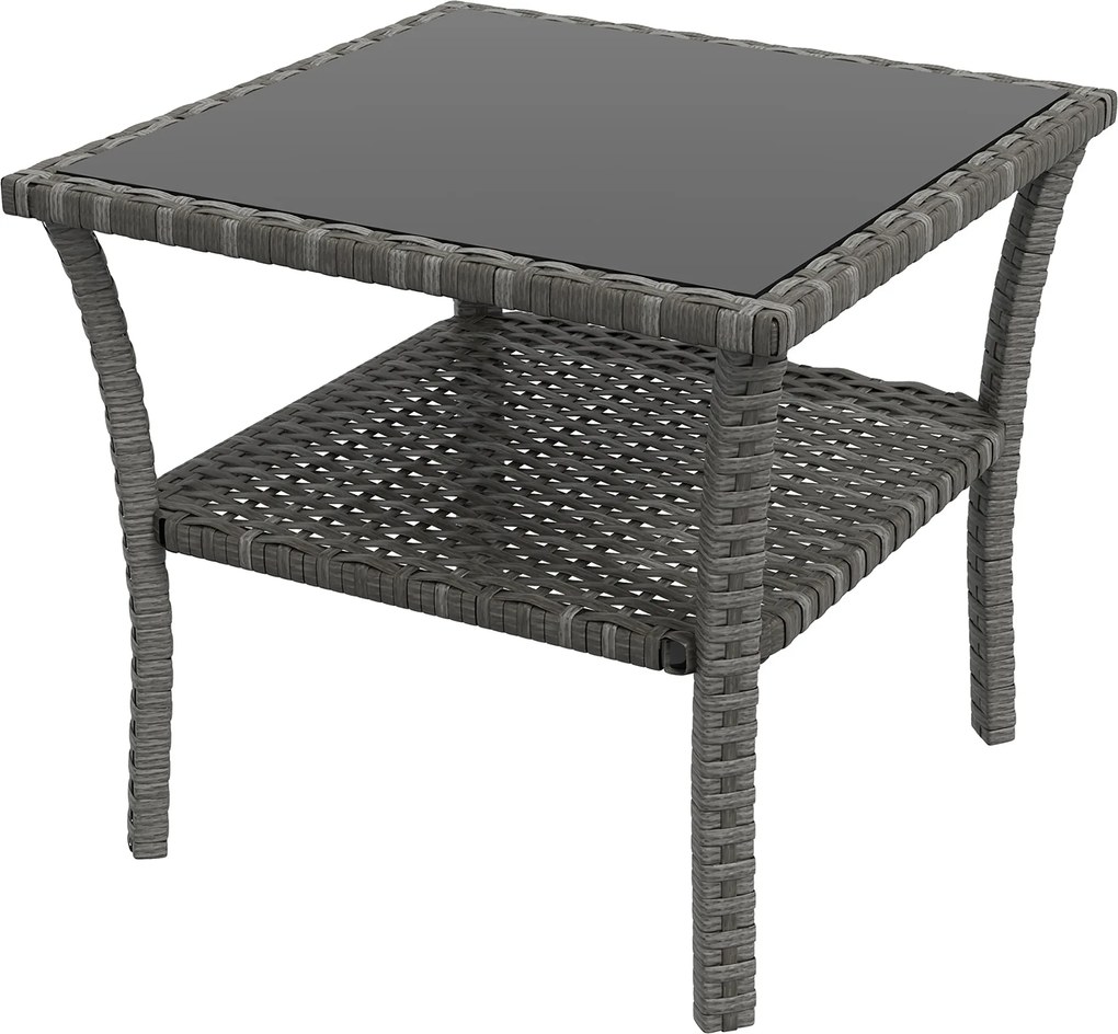 Outsunny Rattanowy stolik ogrodowy, 50 x 50 x 45 cm, odporność na warunki atmosferyczne, kwadratowy stolik z półką i szklaną płytą | Aosom PL