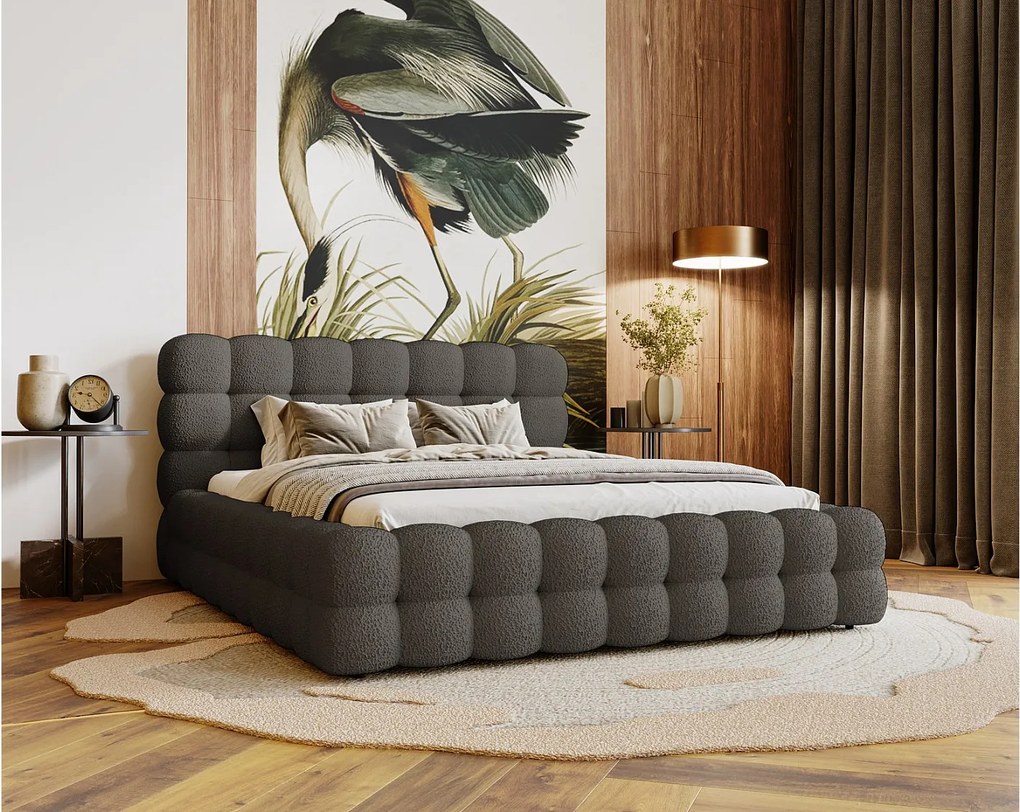 Emporius Parlas Bis łóżko 140x200 z pojemnikiem, łóżko tapicerowane do sypialni - gruba pianka, stelaż, tkanina boucle, ciemny szary (Anthology 18)