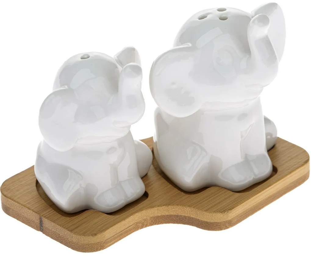 Porcelanowa solniczka i pieprzniczka z podstawkąSłonie