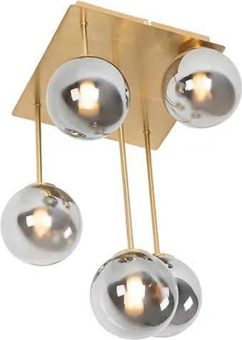 Plafon art deco złoty 5-źródeł światła z przydymionym szkłem - Athens