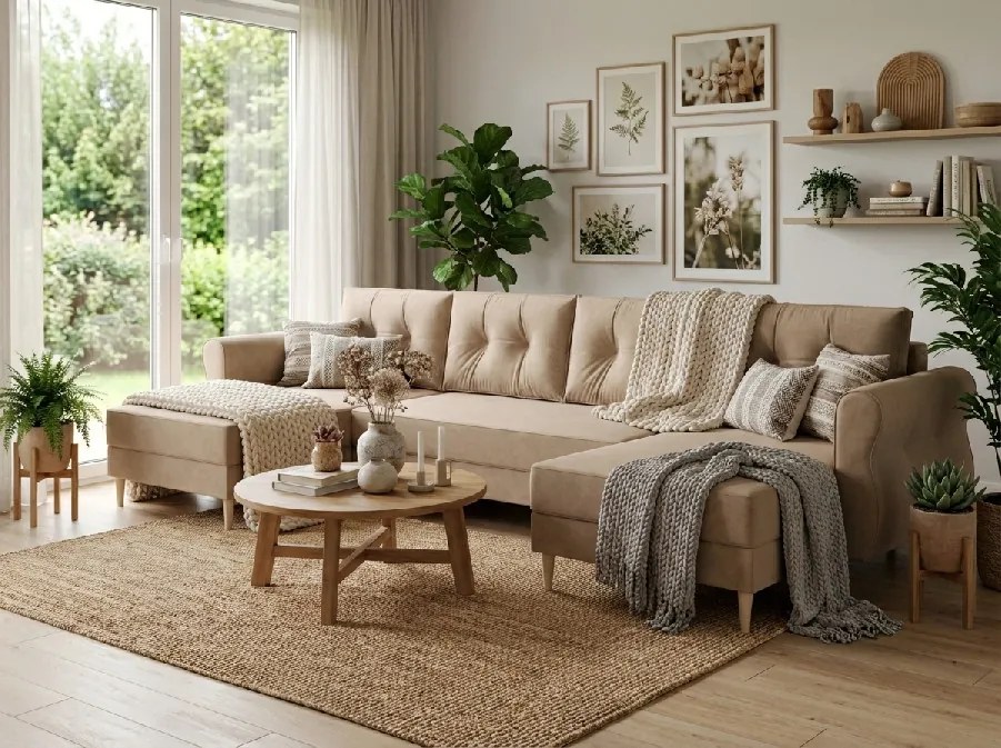 Rozkładana sofa narożna w kształcie U SILVIANO 300x140 cm, beżowa + 2 poduszki GRATIS