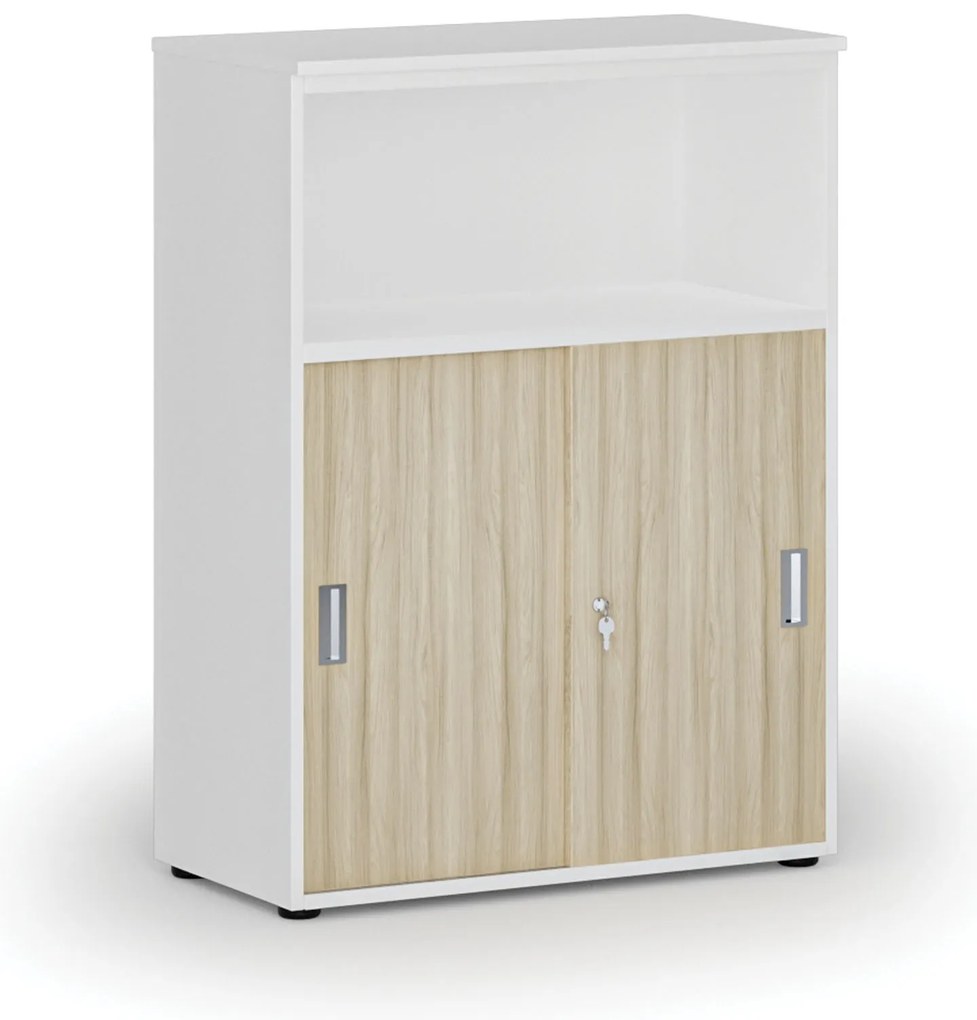Szafa biurowa kombinowana z drzwiami przesuwnymi PRIMO WHITE, 800 x 420 x 1087 mm, biały/dąb naturalny