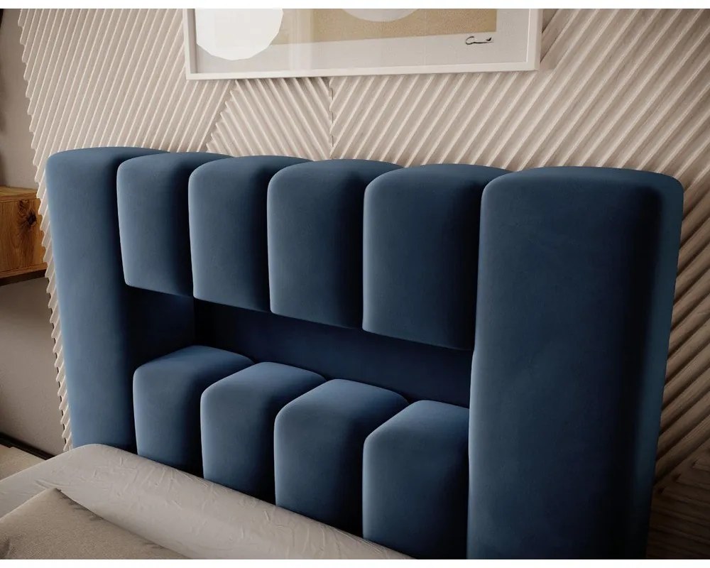 Ciemnoniebieskie tapicerowane łóżko jednoosobowe ze schowkiem ze stelażem 90x200 cm Lamica – ELTAP
