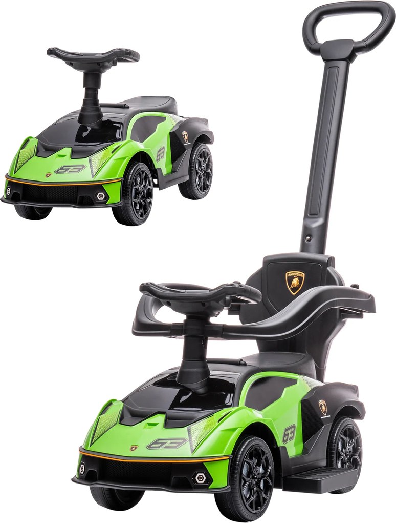 AIYAPLAY Lamborghini pojazd dla dzieci 2 w 1, pchacz z rączką i barierką bezpieczeństwa, kierownica i klakson, Zielony | Aosom PL