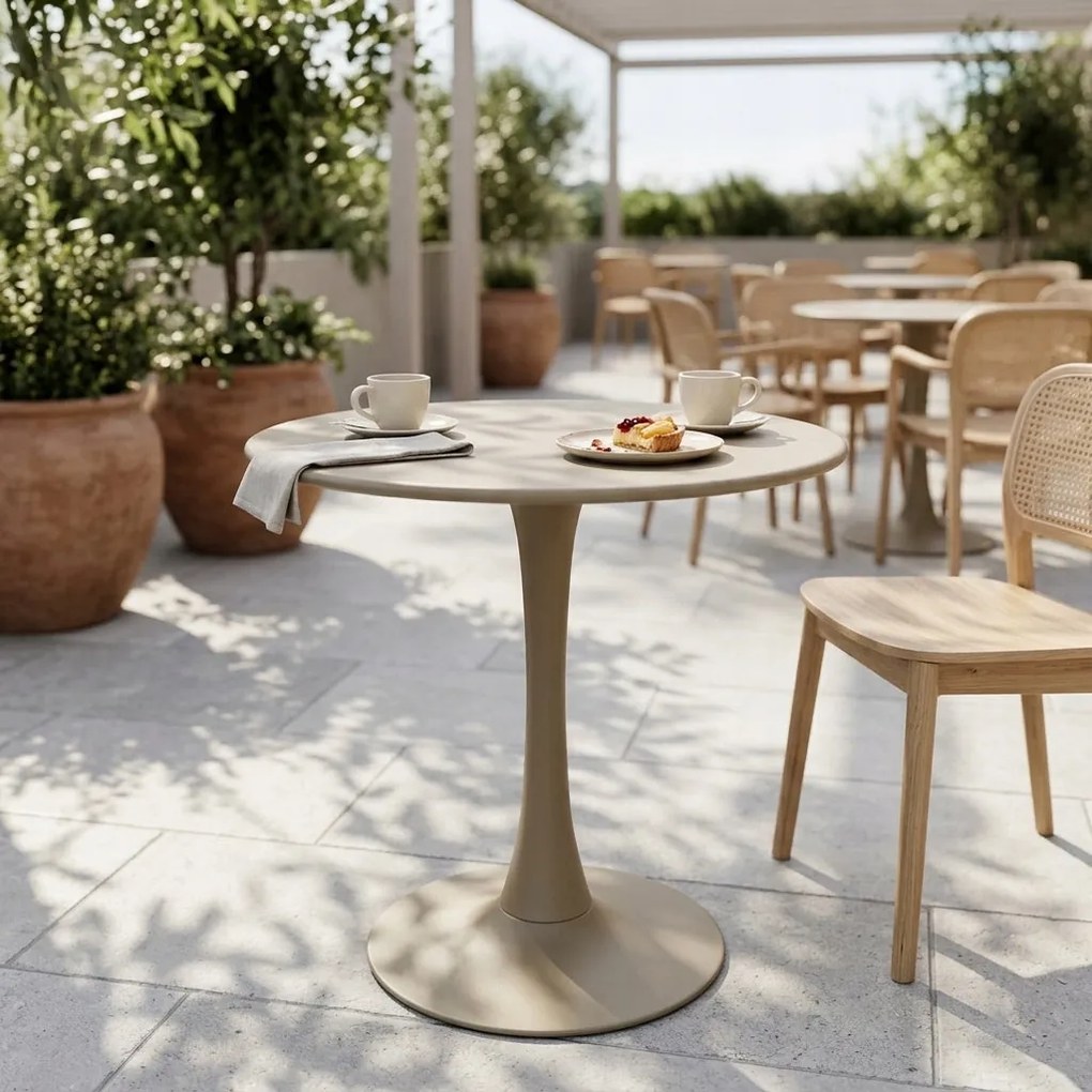 Stolik Ogrodowy Okrągły 70 cm Beżowy Metalowy Na Taras, Do Ogrodu, Kawiarni