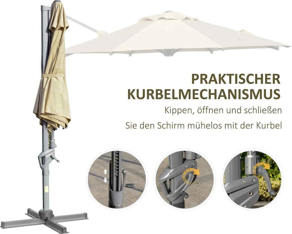 Outsunny parasol ogrodowy z korbką Ø300 cm wiszący ochrona UV regulowany kąt nachylenia aluminiowy khaki do ogrodu tarasu | Aosom PL