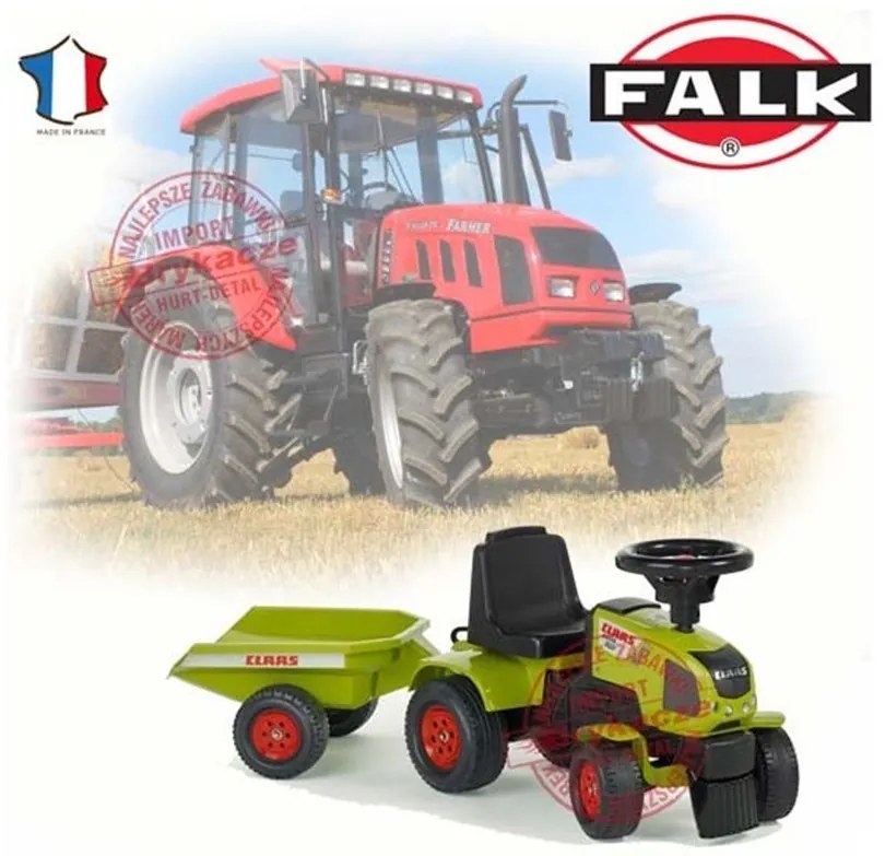 Falk traktorek do odpychania, chodzik, jeździk baby claas axos + przyczepka