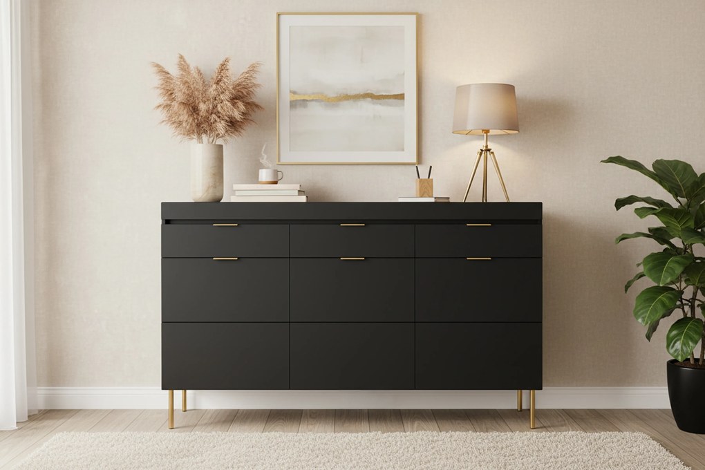 Komoda trzydrzwiowa Sentia 157 z trzema szufladami - czarny / złoty