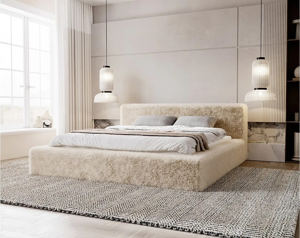 Emporius Alros łóżko tapicerowane 180x200 cm - tkanina futerkowa, łóżko dwuosobowe z pojemnikiem, beżowy (Lapit 29)