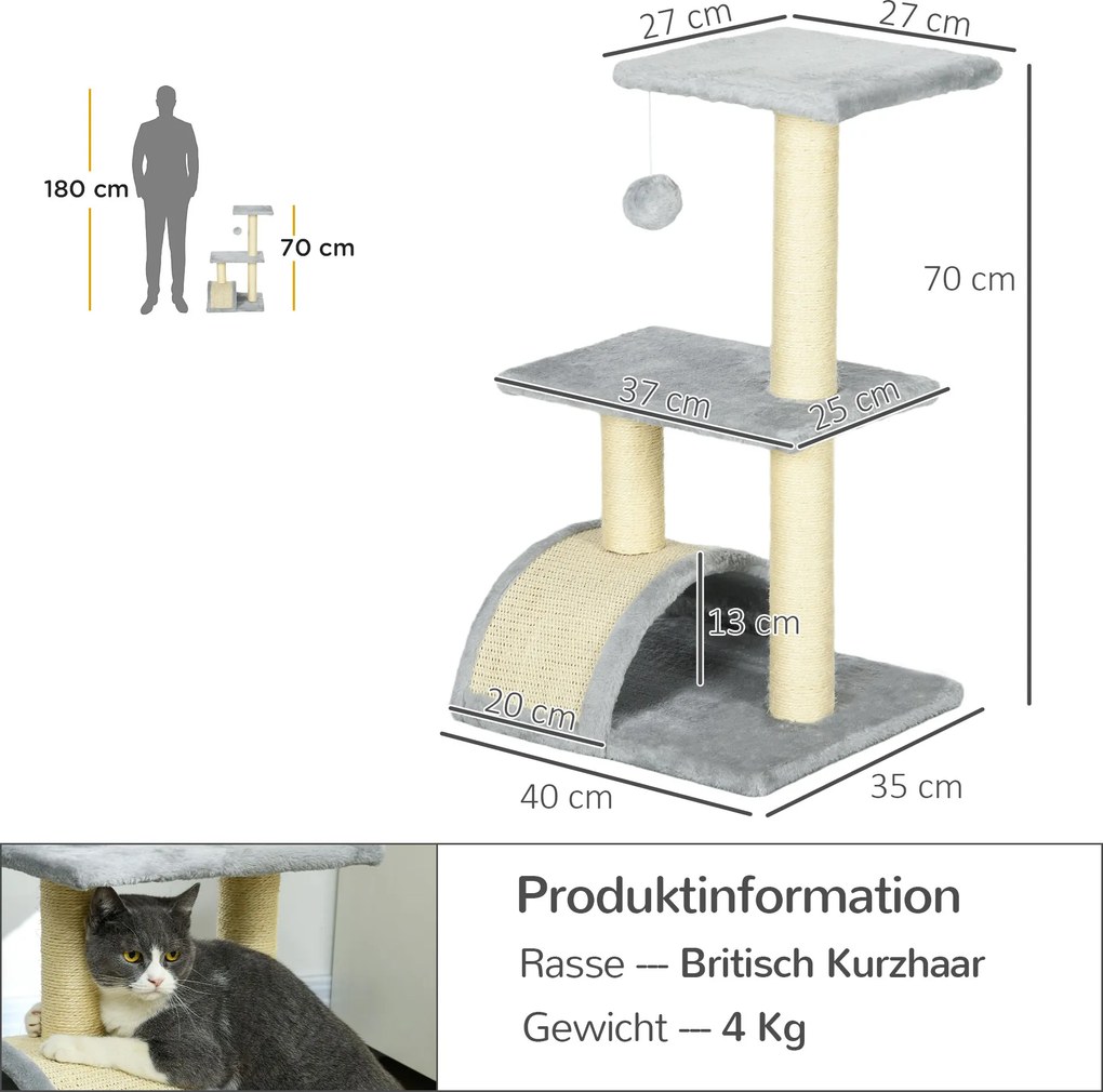 PawHut Drapak dla Kota 72 cm z Kulkami Pluszowymi, Słupkami z Sizalu, Platformą, Deską Jasnoszary
