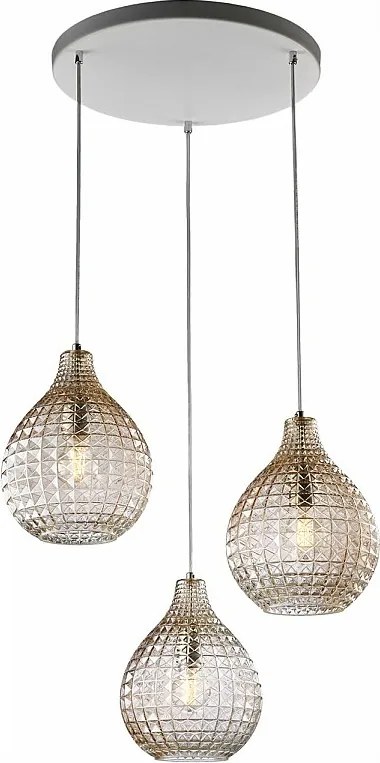 Lampa wisząca Diamante z białego żelaza i chromowanej ramy, regulowane kable, bursztynowe klosze z dmuchanego szkła z efektem kryształu, 3 światła