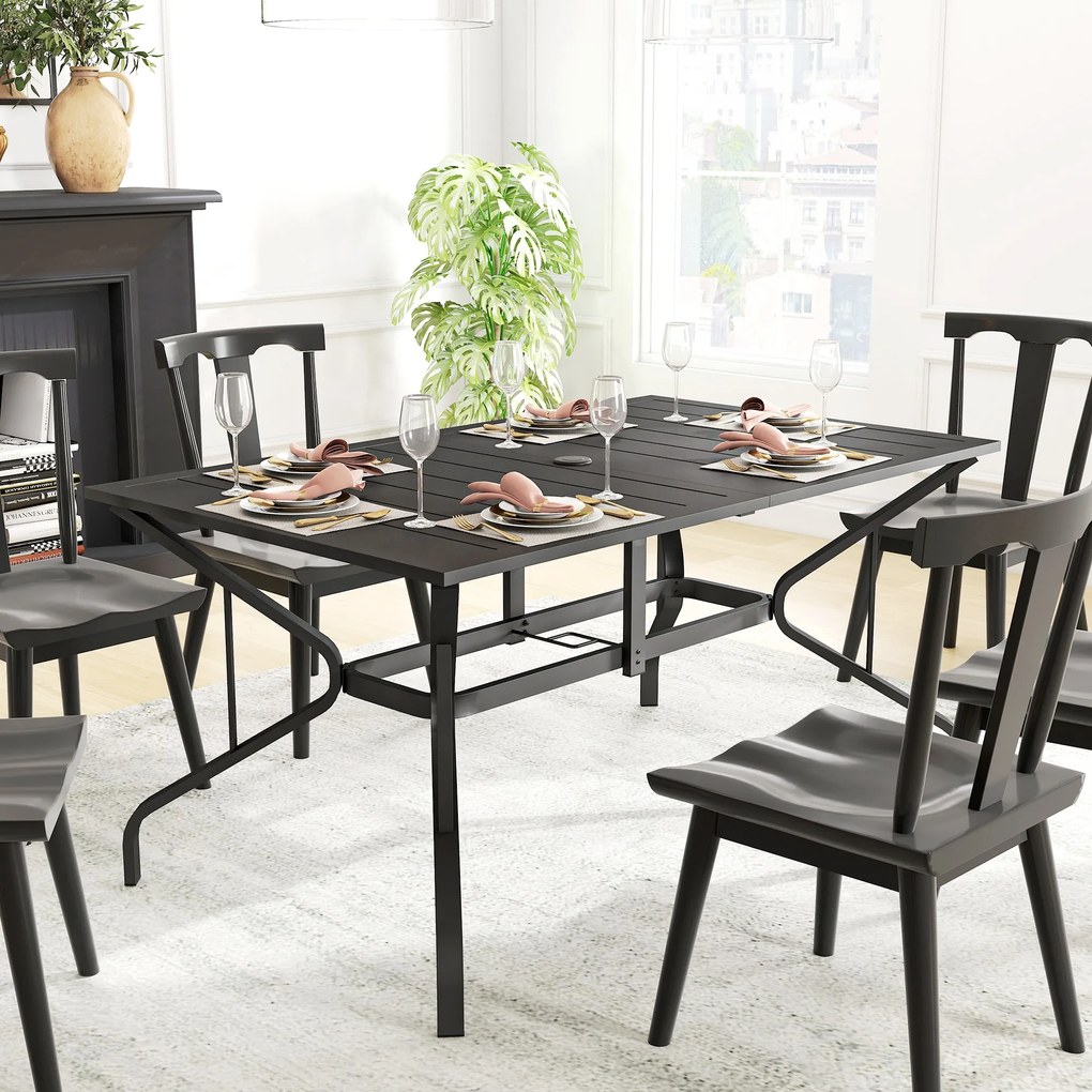 Outsunny Stół ogrodowy ze stali 150x90 cm Odporny na warunki atmosferyczne, z otworem na parasol, dla 6 osób, czarny