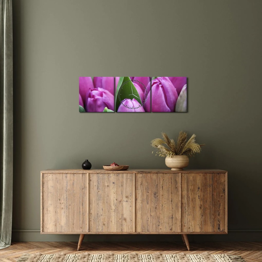 Obraz - kwiaty tulipanów (z zegarem) (90x30 cm)