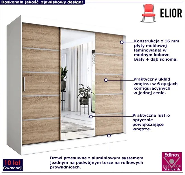 Szafa przesuwna 200 cm biały + dąb sonoma - Marmos 6X