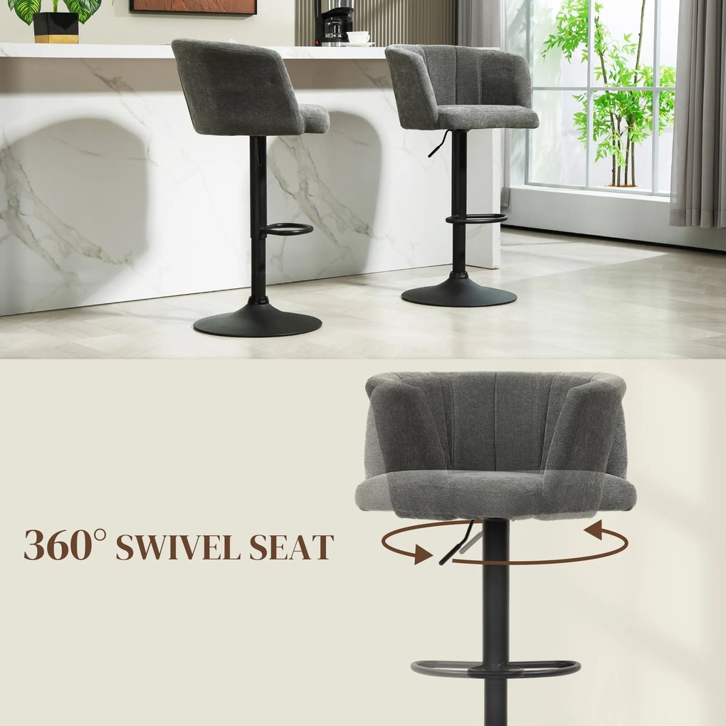 HOMCOM Zestaw 2 Barowych Krzeseł, Oparcie w Kształcie Muszli, Regulowana Wysokość, Podnóżek, dla Kuchni lub Jadalni, Metalowa Baza, Ciemnoszary