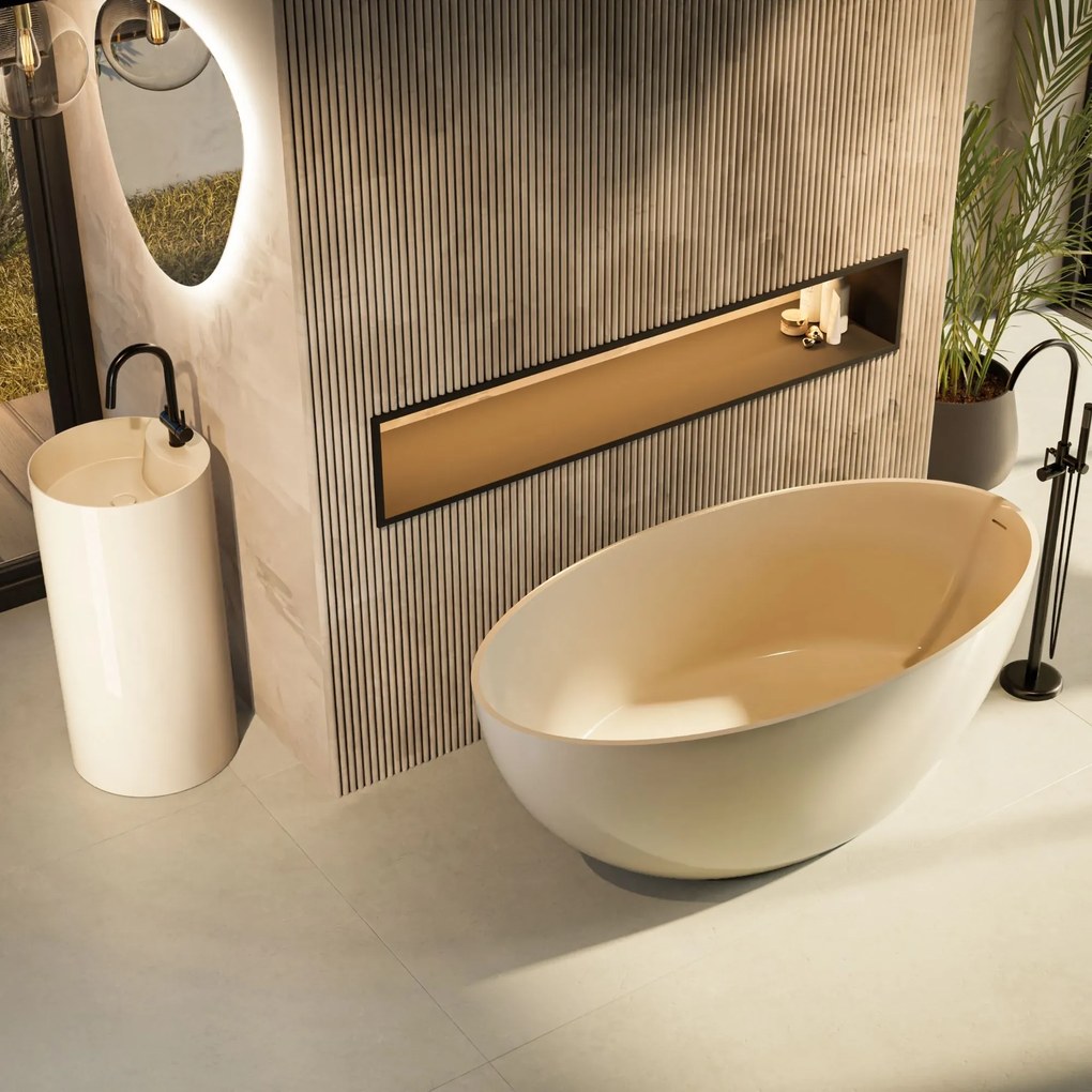 Wanna wolnostojąca owalna beżowa błyszcząca z konglomeratu 160 x 85 cm KALMI BEIGE GLOW z przelewem SLIM cienki rant