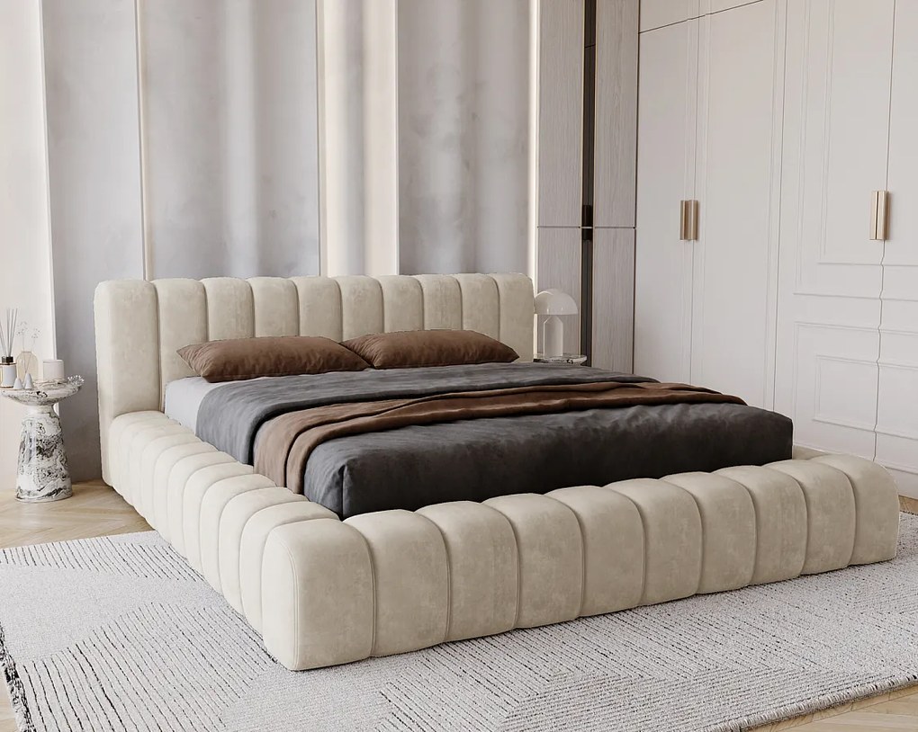 Emporius Como łóżko z pojemnikiem do sypialni - łózko tapicerowane 140x200, nowoczesny styl - duże łózko, gruba pianka - tkanina velvet, beżowy (Whisper 2)