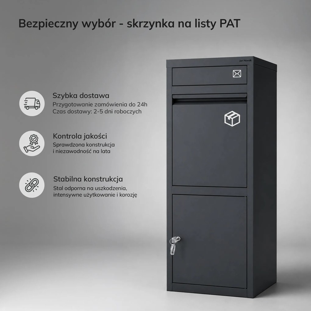 Skrzynka na paczki kurierskie i listy metalowa, zewnętrzna, zamykana, antracytowa Paczkobox PAT