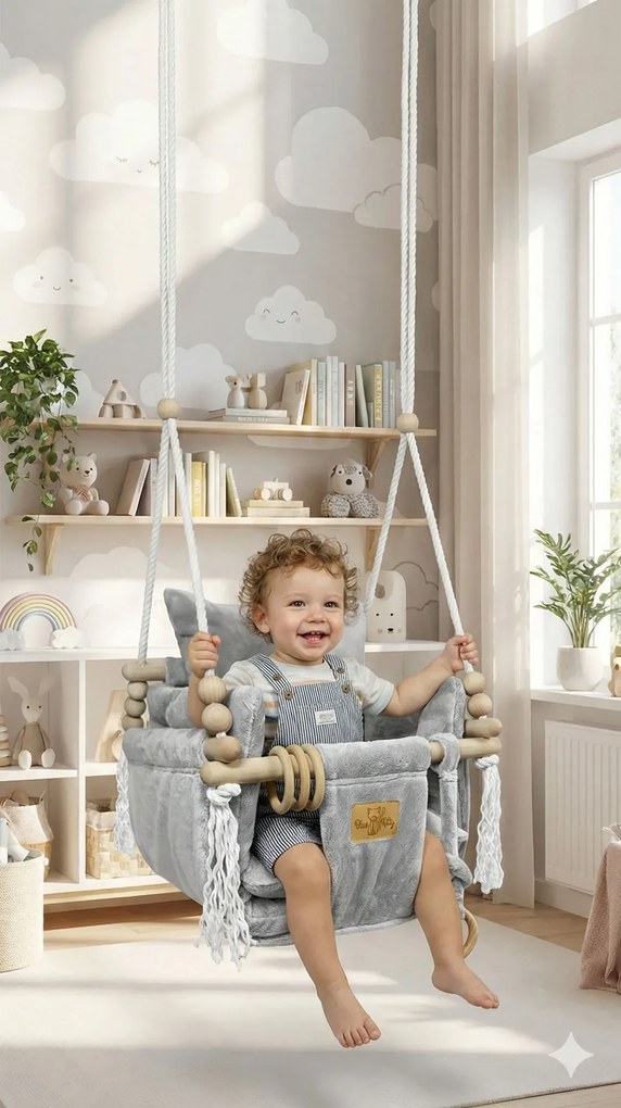 Szara dziecięca huśtawka edukacyjna minky L2-G14