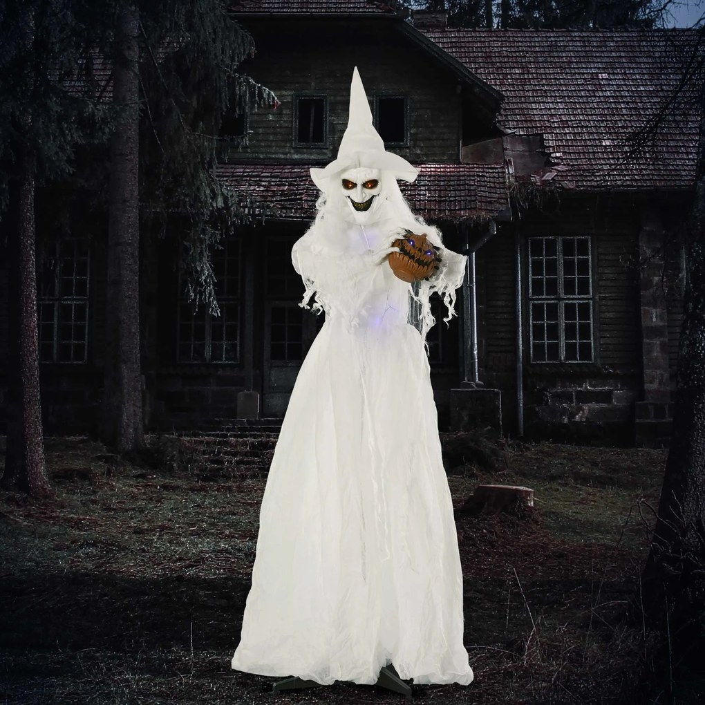 Outsunny 189 cm Biała czarownica z głową dyni, dekoracja halloweenowa na zewnątrz w naturalnej wielkości | Aosom PL