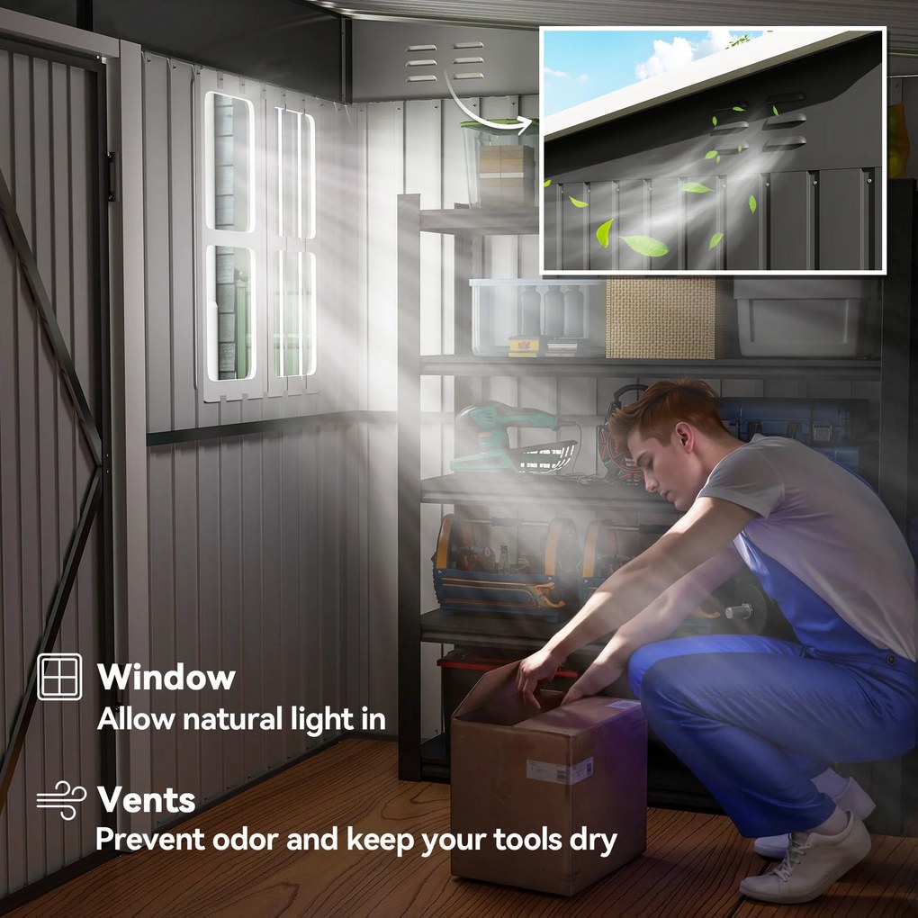 Outsunny Metalowy schowek na narzędzia ogrodowe, z oknem, szerokie drzwi, 260 x 177 x 190 cm, Ciemnoszary