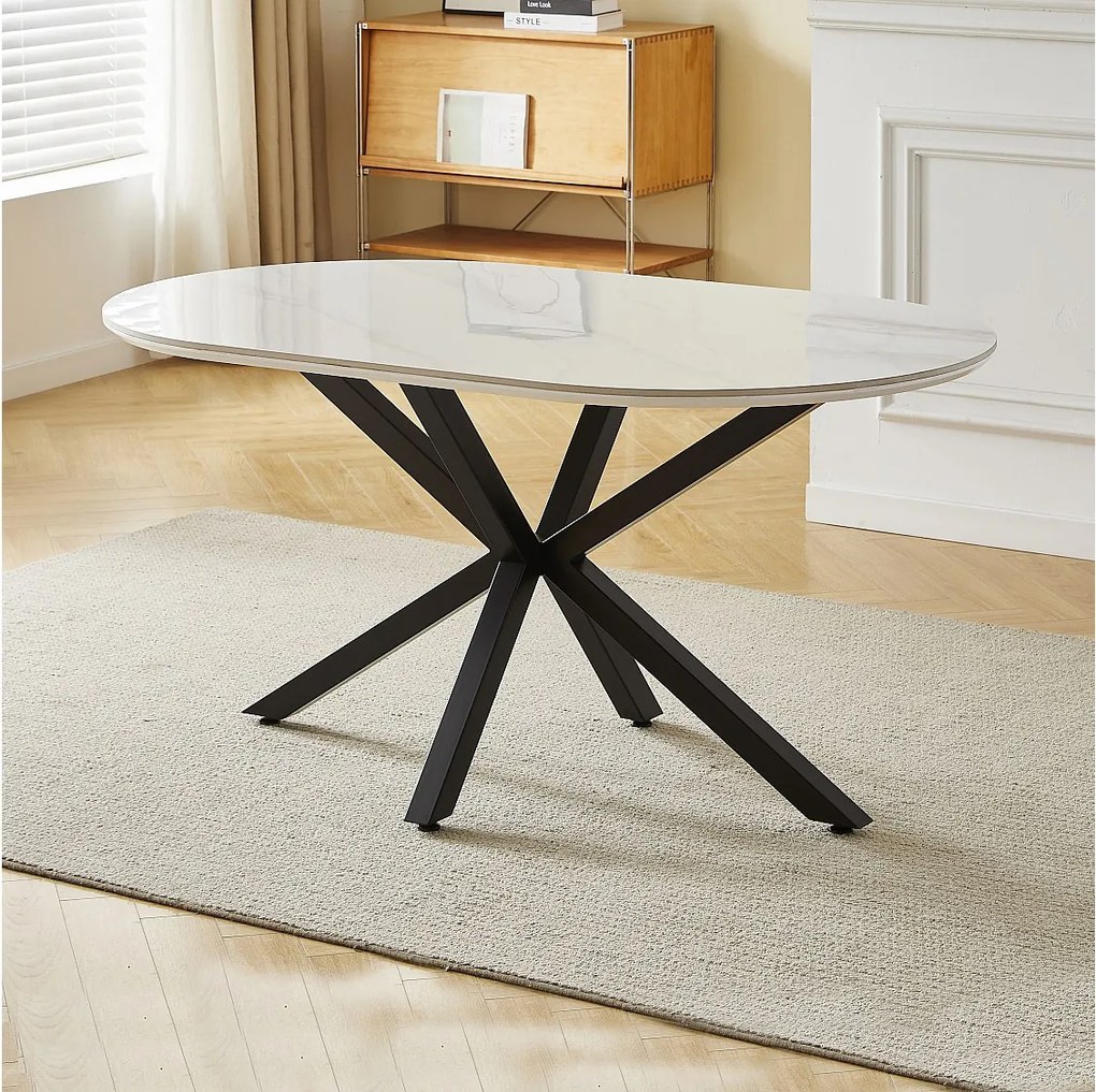 Stół jadalniany LUCIA – dla 6 osób – Blat z ceramiki w efekcie białego marmuru – Nogi z czarnego metalu