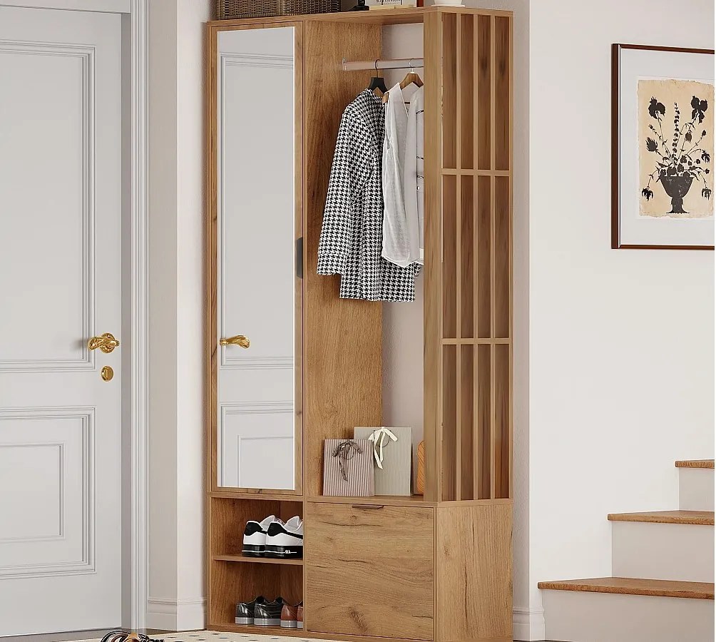 Zestaw przedpokojowy 100×33×190 cm - z szafką na buty - z lustrem - 2 drzwi - płyta wiórowa - naturalny