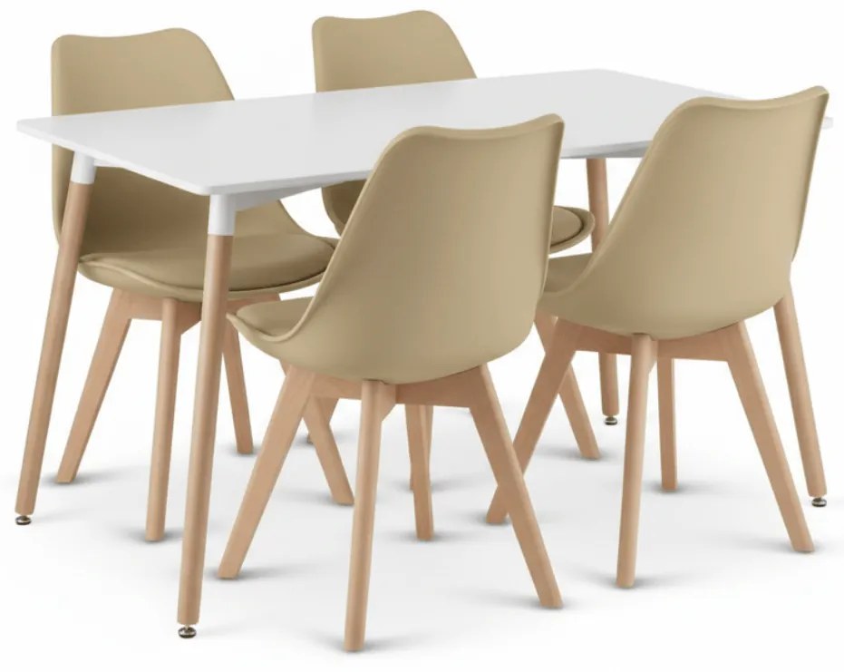 Zestaw jadalniany 1 + 4, biały stół ADRIA 120x80 cm + beżowe krzesło BALI MARK z bukowymi nogami
