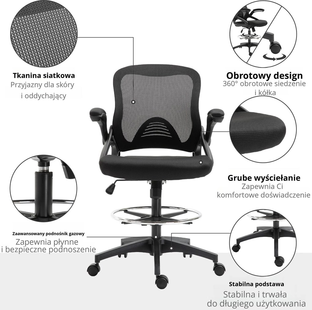 Vinsetto fotel biurowy do pracy na stojąco wysokie krzesło obrotowe z podnóżkiem regulacja wysokości ergonomiczny siatka do 120 kg czarny | Aosom PL