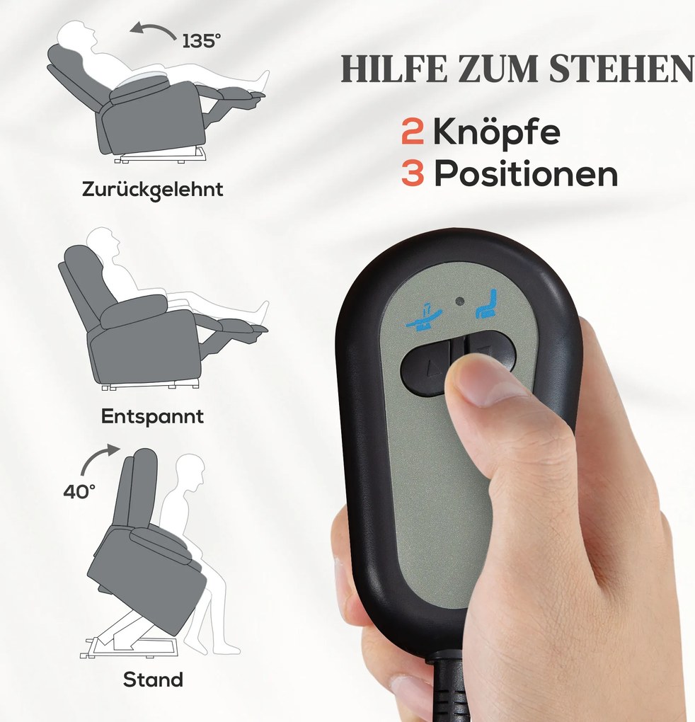 HOMCOM Elektryczny fotel relaksacyjny z funkcją pomocy przy wstawaniu, pilotem, miękką pianką, boczną kieszenią, pokryciem w stylu lnu, Szary