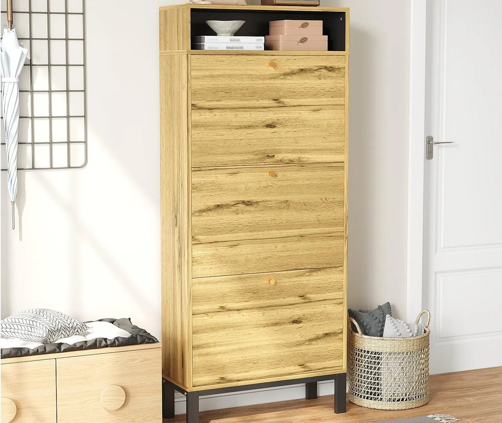 Szafa na buty 63x24x147 cm - 3 drzwi i kilka półek - wykończenie drewnopodobne - MDF - naturalny