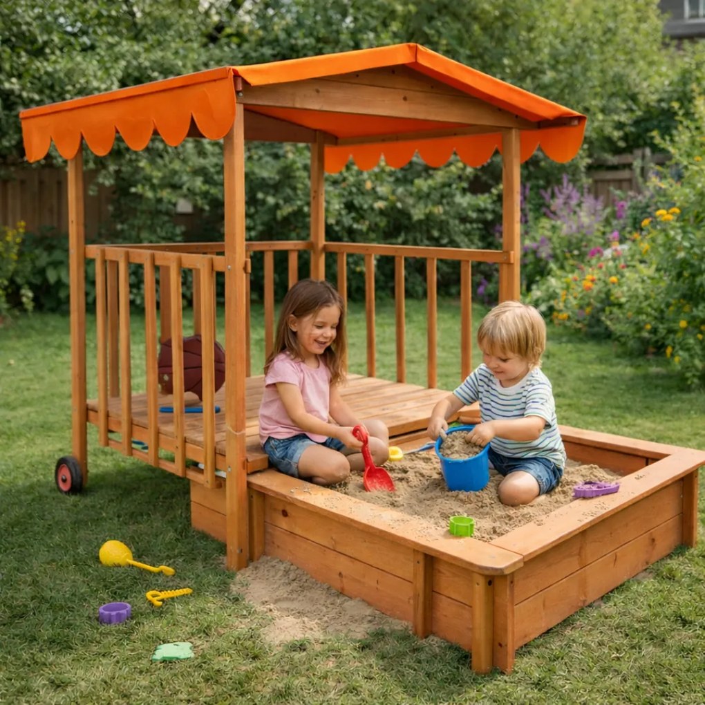 Piaskownica z werandą HAPPY, 130x130x143cm, brązowa/pomarańczowa Jurhan