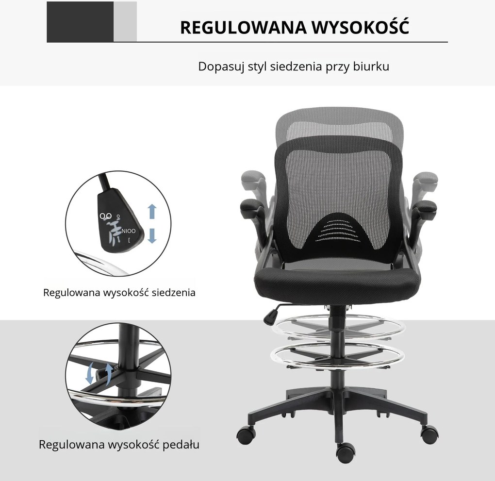 Vinsetto fotel biurowy do pracy na stojąco wysokie krzesło obrotowe z podnóżkiem regulacja wysokości ergonomiczny siatka do 120 kg czarny | Aosom PL
