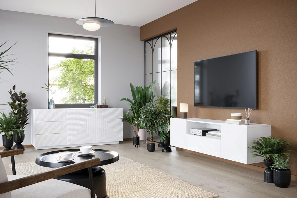 Szafka RTV wisząca Asha 167 cm z szufladą - biały połysk