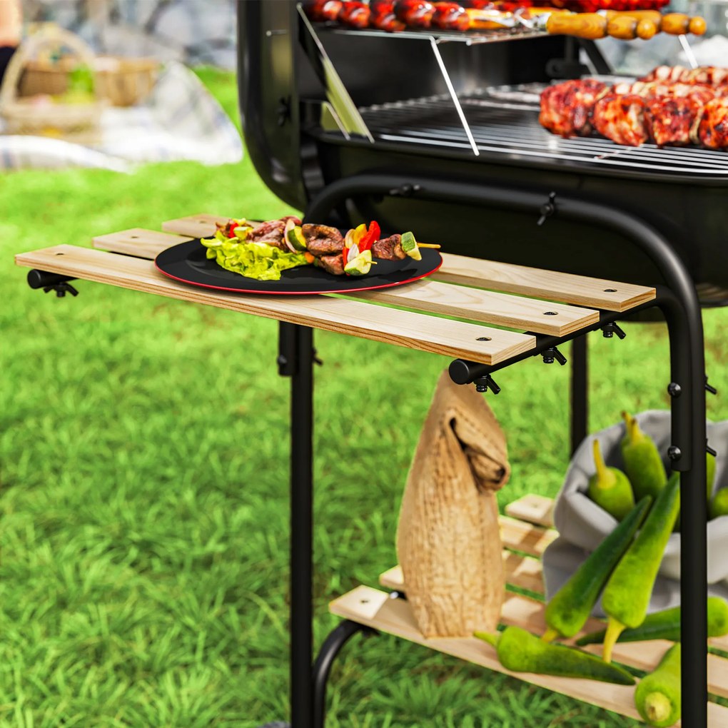 Outsunny Grill węglowy ze stali, przenośny, z zamykaną pokrywą, rusztem, kółkami i półkami, 98 x 54 x 91 cm, czarny | Aosom PL