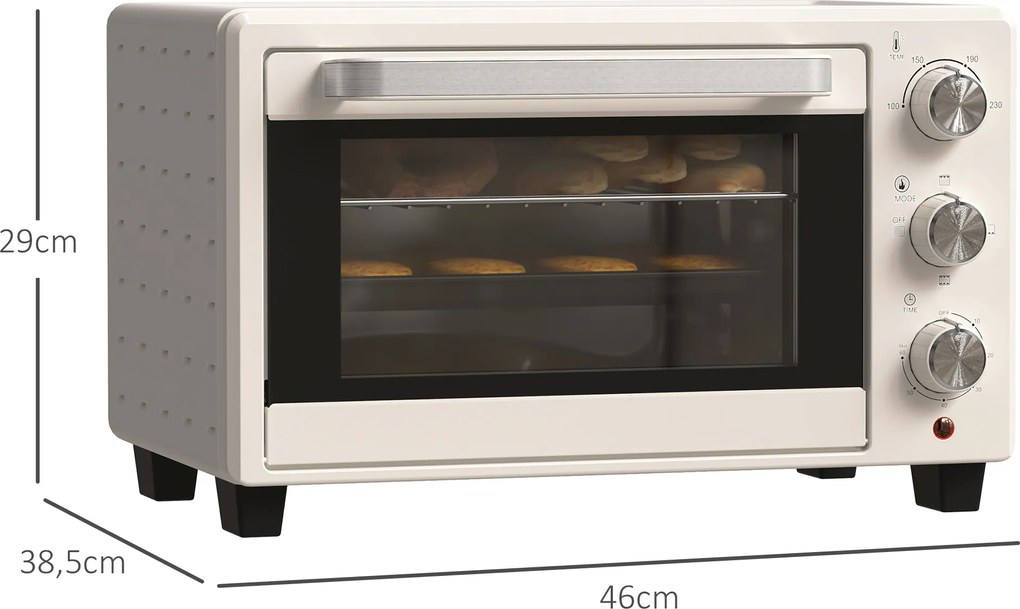 Mini Piekarnik HOMCOM, 3 tryby, do 230° C, 1400W, z akcesoriami, 46x38,5x29cm, Kremowy