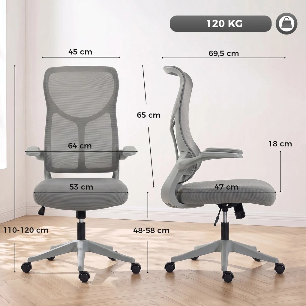 HOMCOM Ergonomiczne siatkowe krzesło biurowe, obrotowe krzesło z wysokim oparciem, składane podłokietniki, funkcja kołysania, szary | Aosom PL