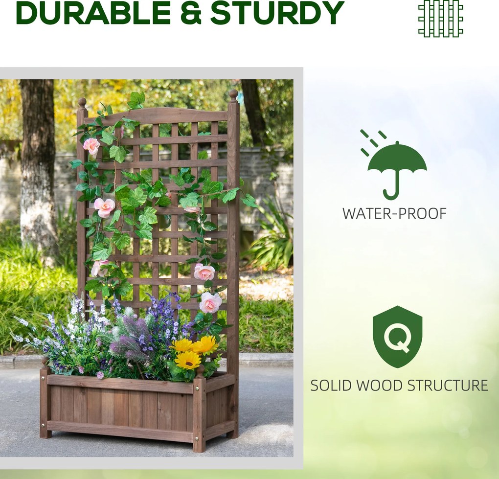 Outsunny Podwyższone Grządki z Trejażem do Roślin Pnących, Skrzynka na Kwiaty z Wspornikiem dla Winorośli, Drewno, Ciemnobrązowe, 64 x 28 x 120 cm