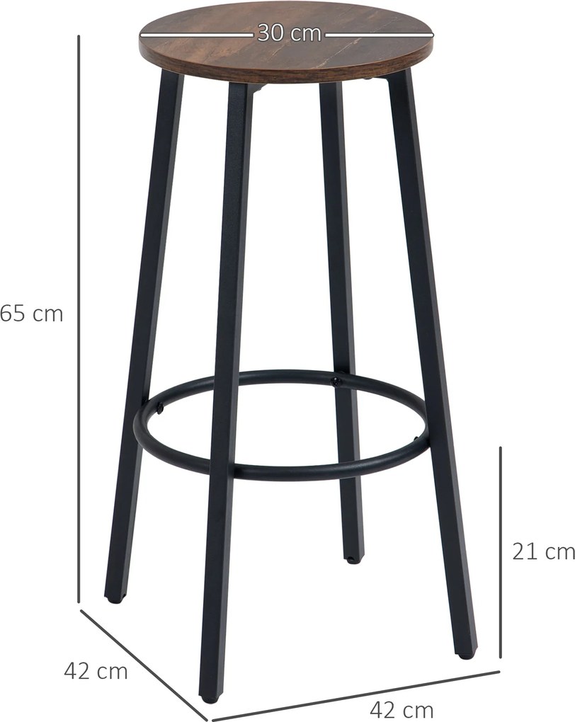 HOMCOM Zestaw krzeseł barowych w designie przemysłowym, rama metalowa, podparcie dla stóp, 42 x 42 x 65 cm