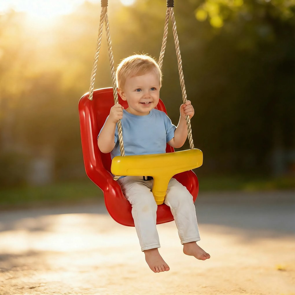 AIYAPLAY Regulowana huśtawka dla niemowląt, rosnąca z dzieckiem — siedzisko z oparciem i barierką bezpieczeństwa, dla dzieci 9-36 miesięcy, Czerwony | Aosom PL