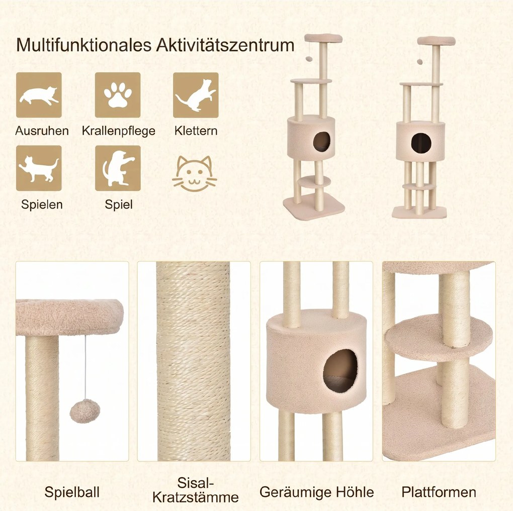 PawHut Drapak 148 cm wysokości drzewko dla kota z kryjówką, 4 zabawki, słupki sizalowe, duża platforma, wielopoziomowy dla kotów do 5 kg | Aosom PL