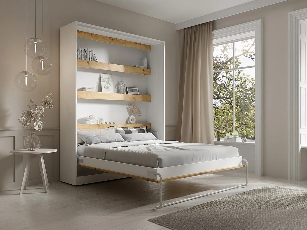 Łóżko chowane w szafie 160 × 200 cm – Otwieranie pionowe manualne – Oświetlenie LED – Białe i naturalne –  RAPILI