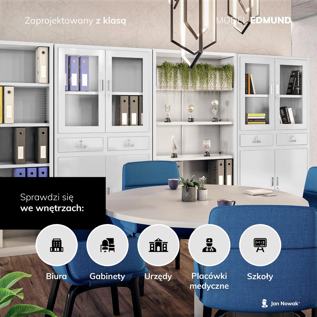 Biurowa przeszklona szafa metalowa na akta z szufladami EDMUND, 900 x 1850 x 400 mm, szara