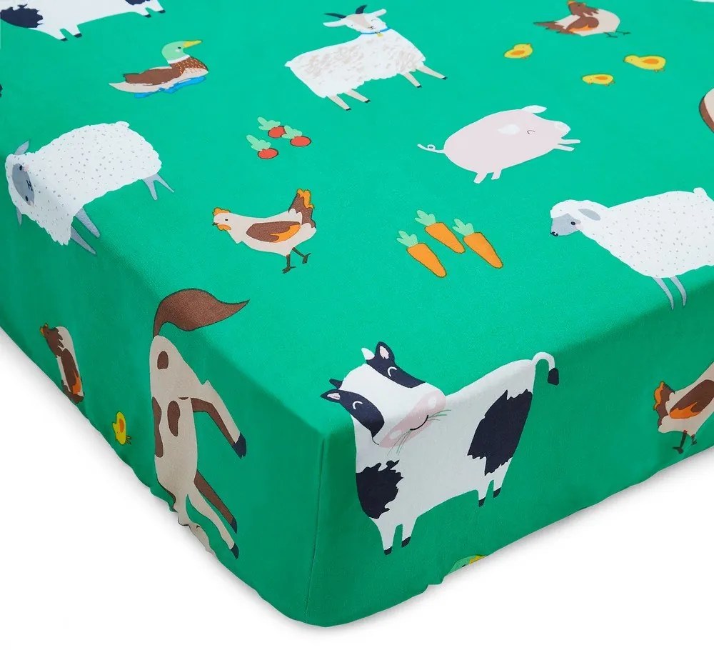 Zielone prześcieradło dziecięce dwuosobowe z gumką 135x190 cm Farmyard Animals – Catherine Lansfield